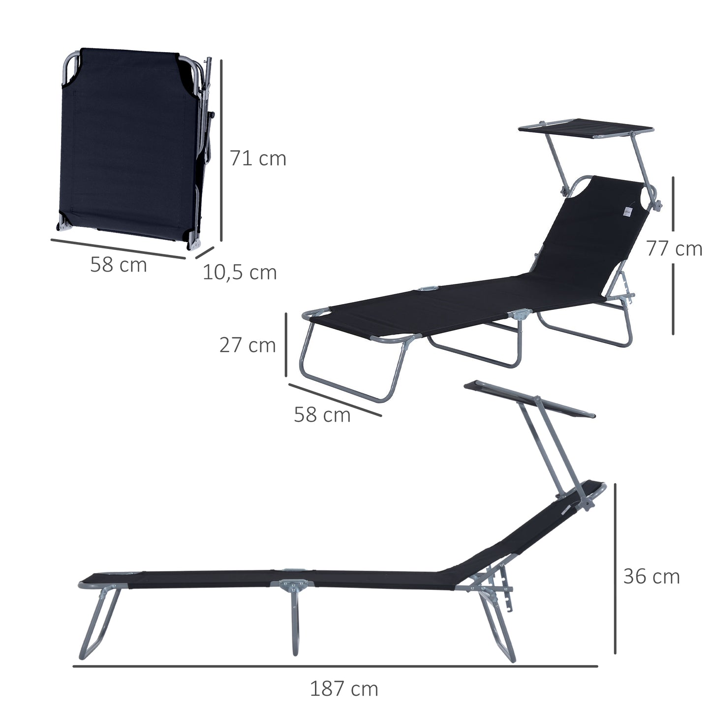 Outsunny Sammenklappelig liggestol, Have-liggestol med solskærm, Liggestol med 4-trins justerbar ryg, Camping-liggestol, Belastbar op til 120 kg, Egnet til have, balkon og pool, 6 farver (sort)