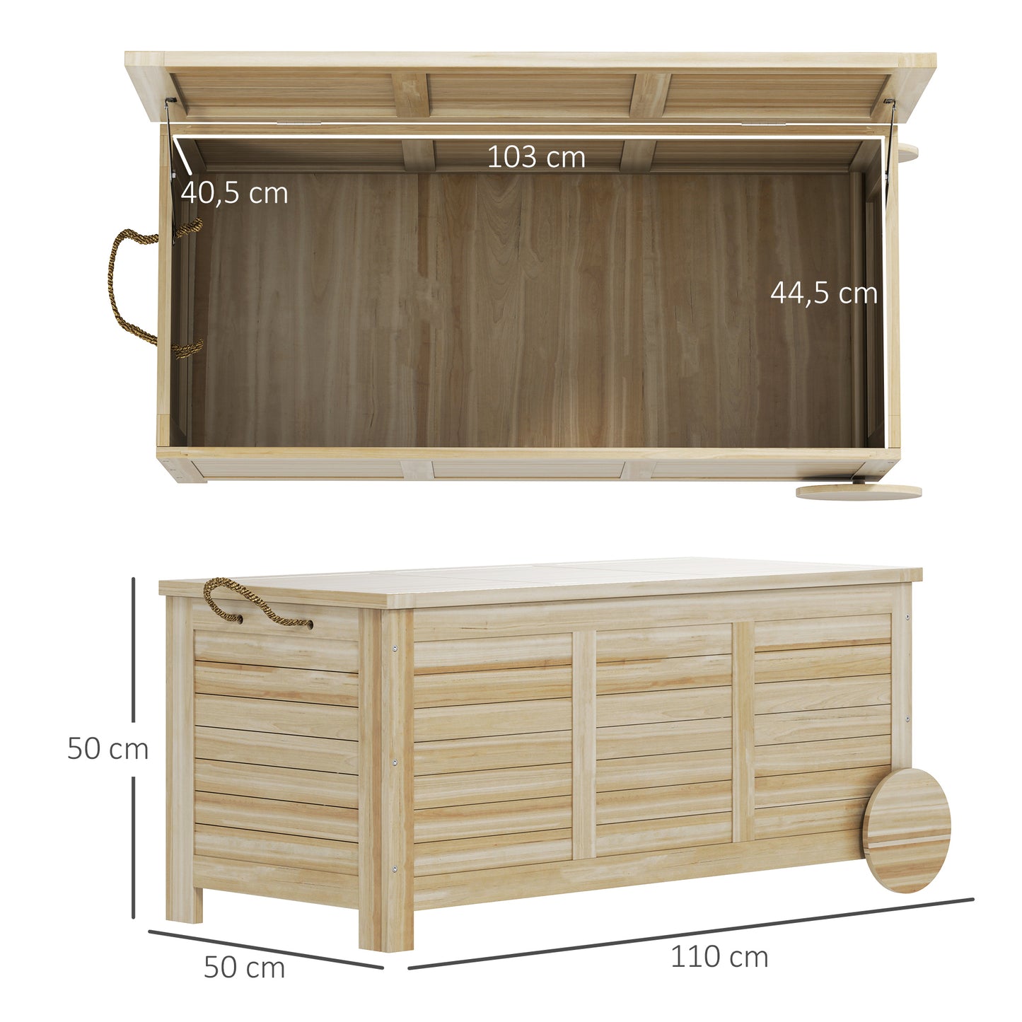 Outsunny 185 L udendørs opbevaringskasse, opbevaringskiste med hjul, vejrbestandig, fyrretræ, 110 x 50 x 50 cm, lysbrun
