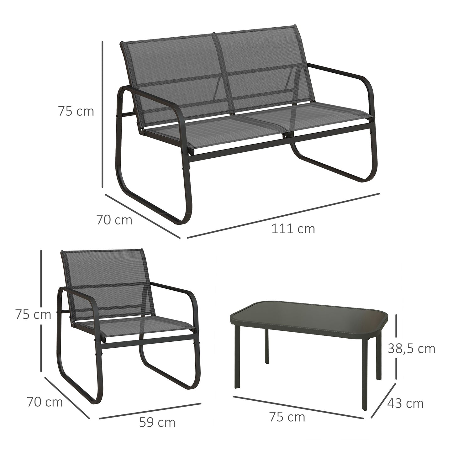 Outsunny 4-delt havemøbel sæt, 2 lænestole, 2-personers sofa, bord med glasplade, åndbart stof, metalramme, sort