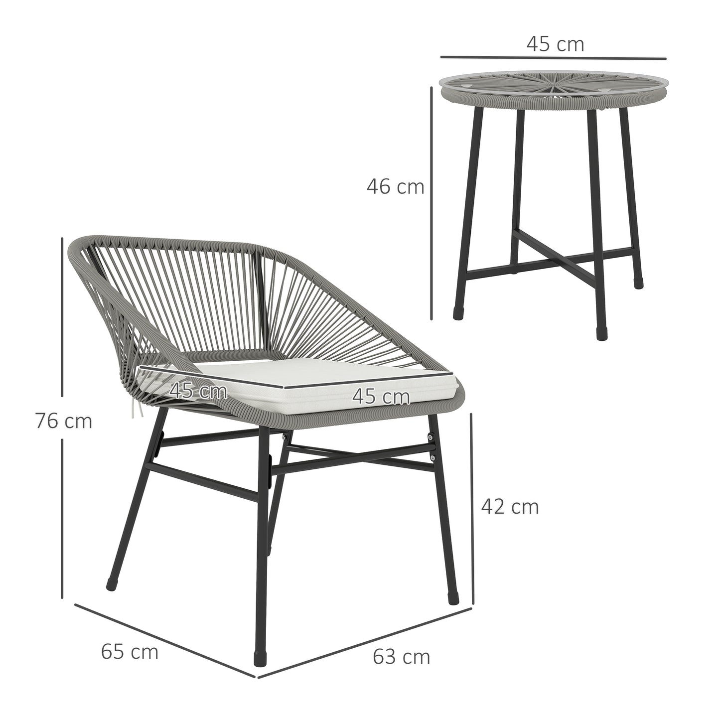 Outsunny 3-delt sæt havemøbler, 1 bord, 2 stole, rattan fletværk, stålramme, sofabord med glasplade, mørkegrå