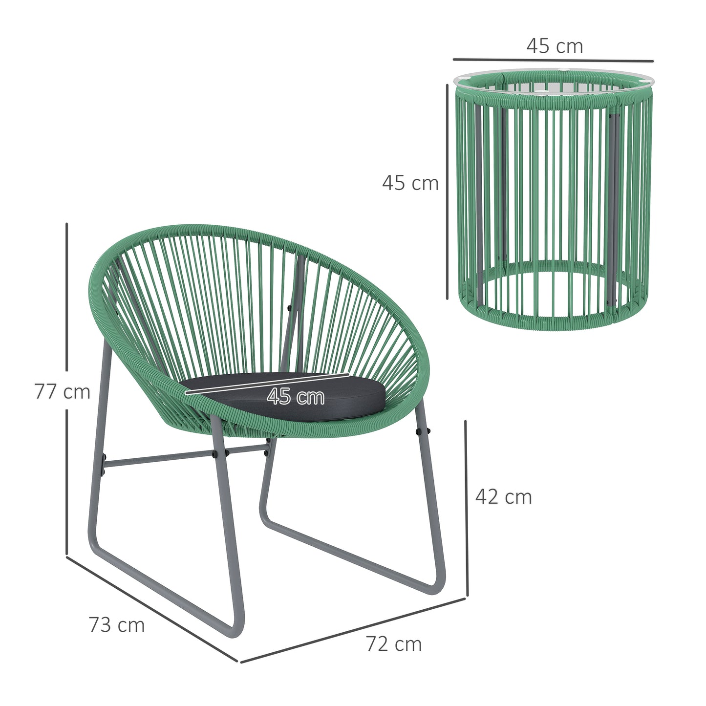 Outsunny 3-delt sæt havemøbler, 1 bord, 2 stole, glasbordplade, plast rattan rundt stålramme, bløde puder, grøn