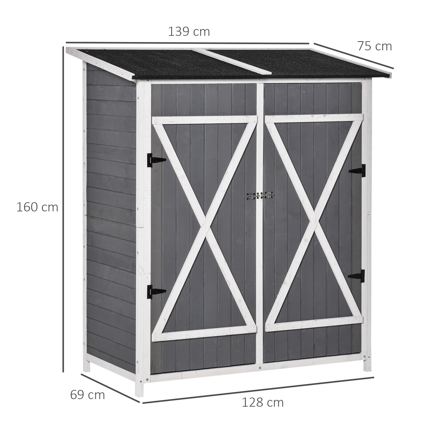 Outsunny Havestue/Værktøjsskur med 2 døre, værktøjsskabe med asfalt tag, anti-dump design med jordspyd, fyrretræ, grå+hvid, 139 x 75 x 160 cm