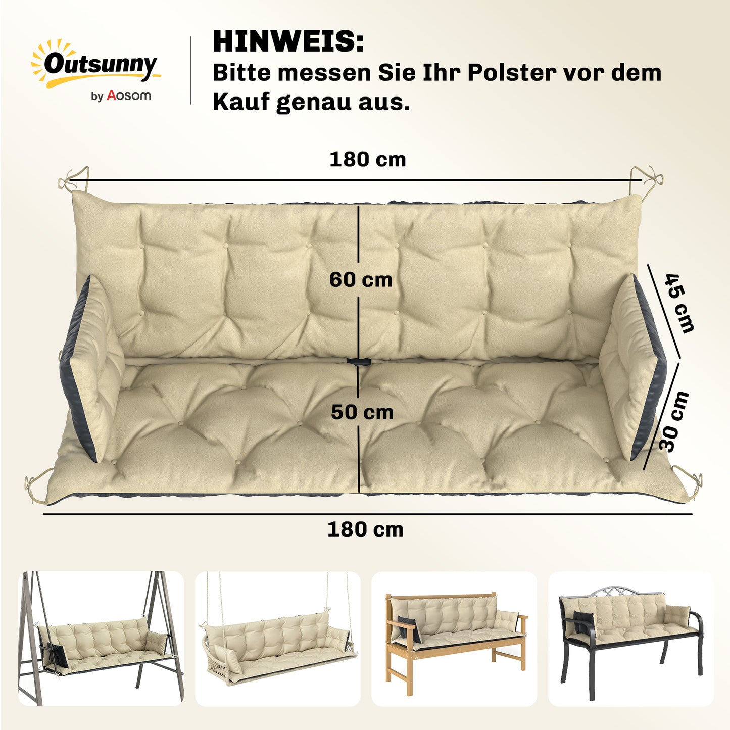 Outsunny Udendørs Hyndesæt til Bænk eller Hollywood Gynge, To-farvet, Polyester, Skum, 180 x 110 x 8 cm, Beige+Sort