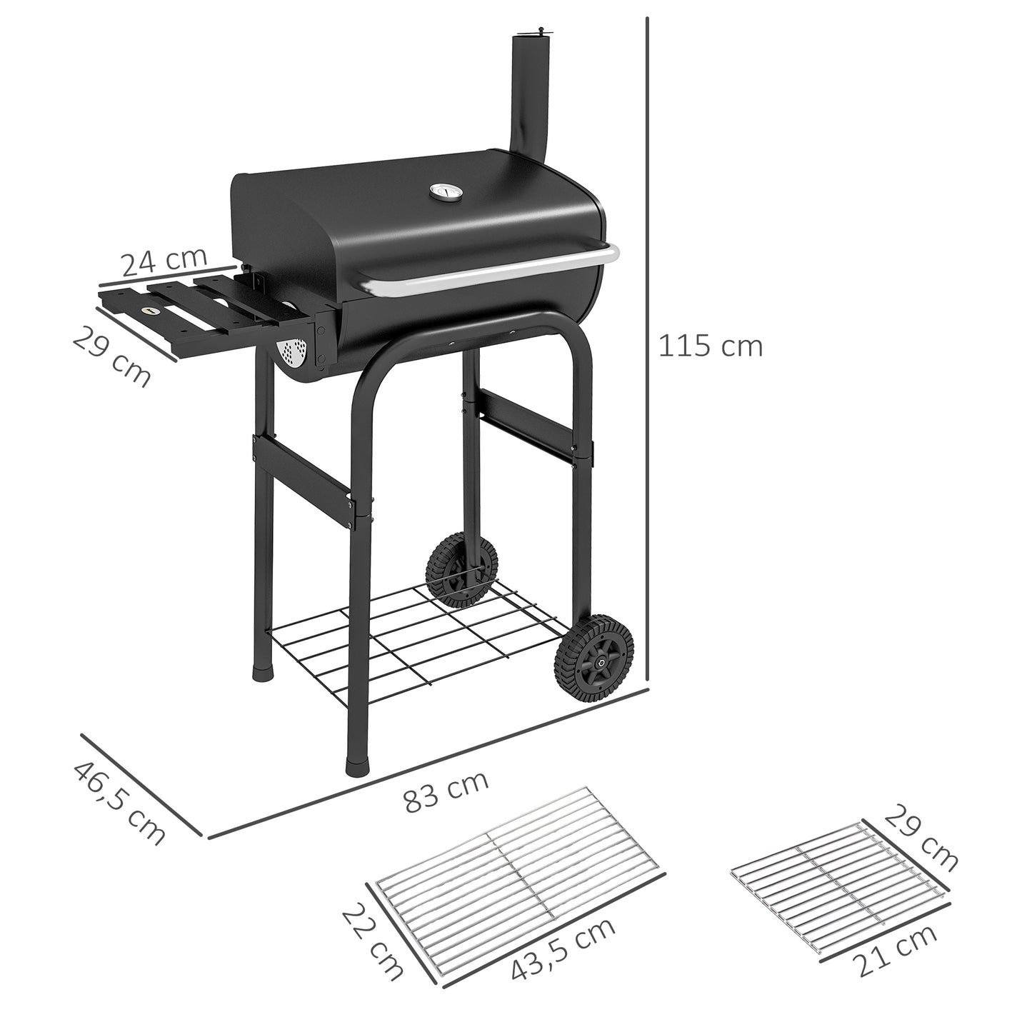 Outsunny kulgrill smoker BBQ grill, 1 hylde, inkl. termometer, 83 x 46,5 x 115 cm, sort
