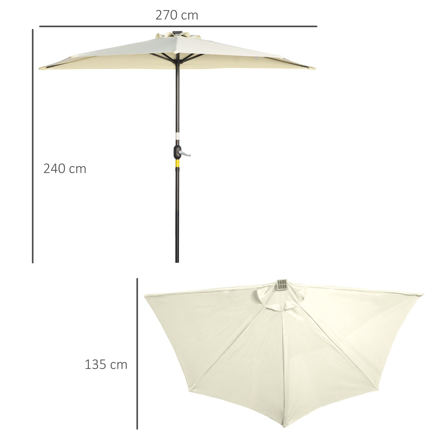 Outsunny parasol, terrasseparasol, halvrund, med solpanel, 20 LED'er, håndsving, beige, 2,70 x 1,35 x 2,40 m