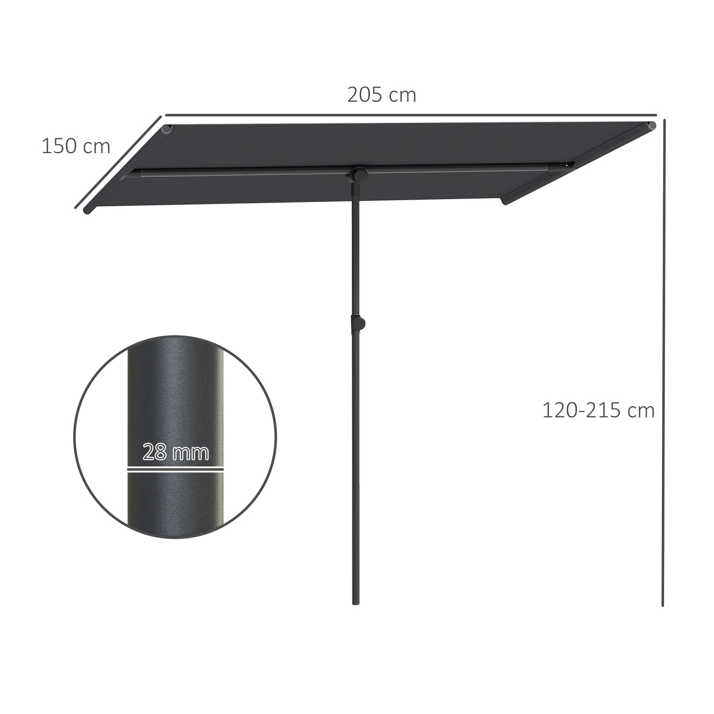Outsunny Parasol, 180 grader drejelig, højdejusterbar, haveparasol med aluminiumsstang, 150x205cm, mørkegrå