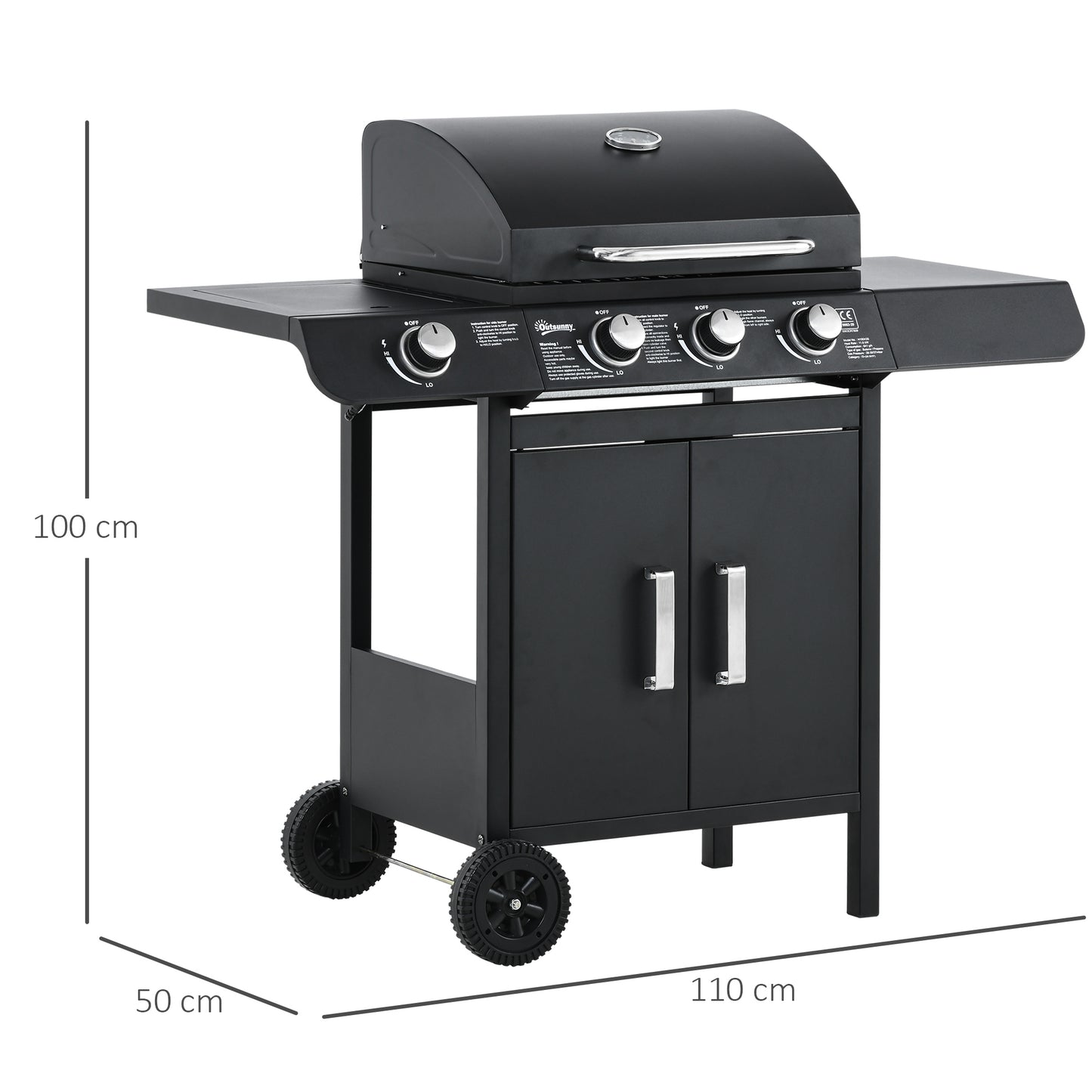 Outsunny gasgrill med 3 hovedbrændere + 1 sidelæser, opbevaringshylde, rustfrit stål, sort, 110 x 50 x 100 cm