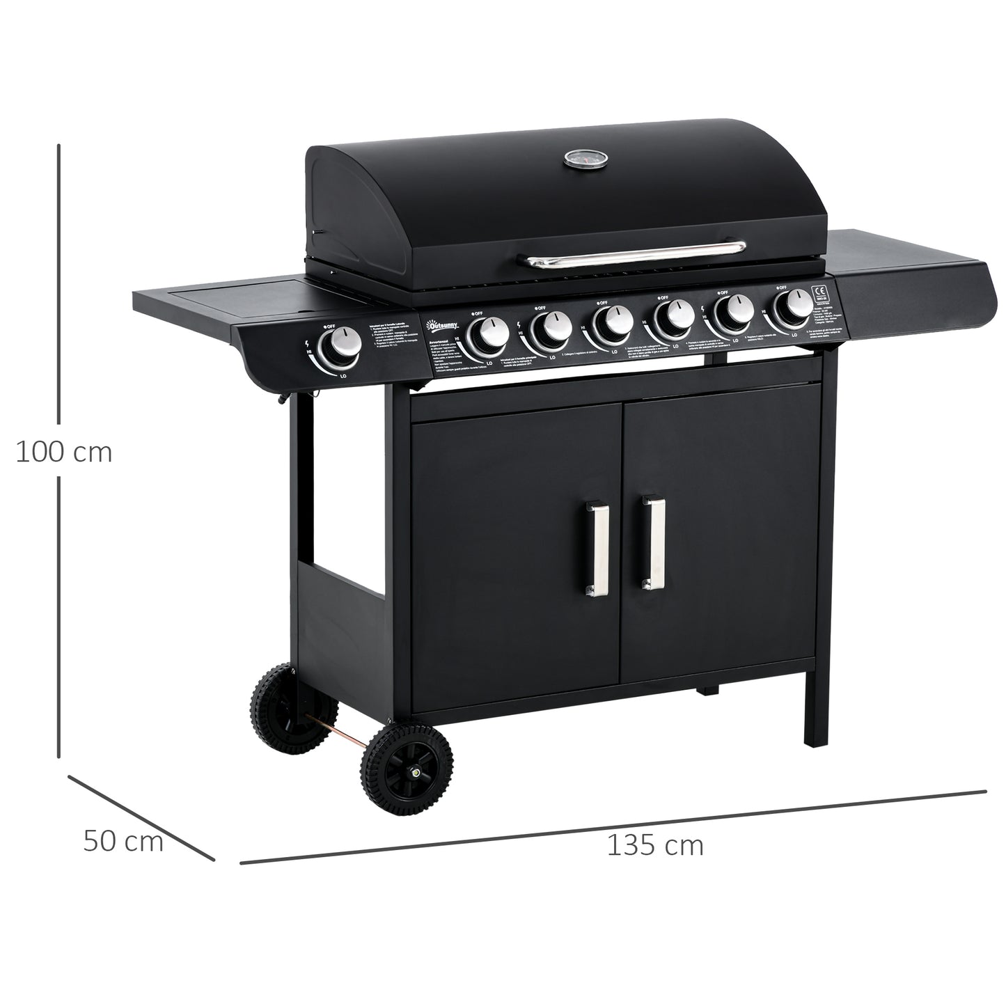Outsunny 7-brænder gasgrill, inklusive thermometer, BBQ-grill, bærbar grill, sort