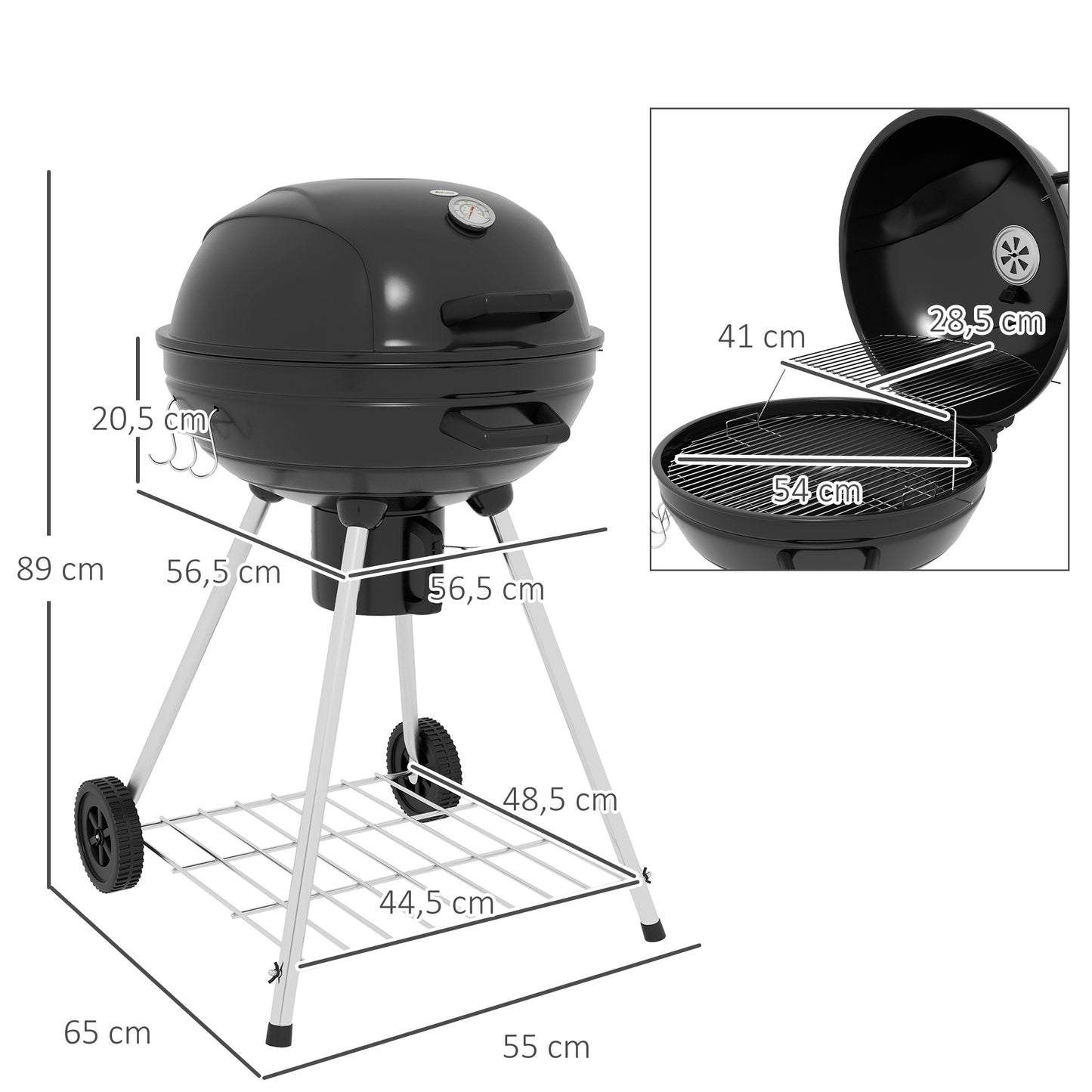 Outsunny kettle grill, Ø54 cm grillrist, varmeholder, hylde, askeholder, termometer, 55 x 65 x 89 cm, sort