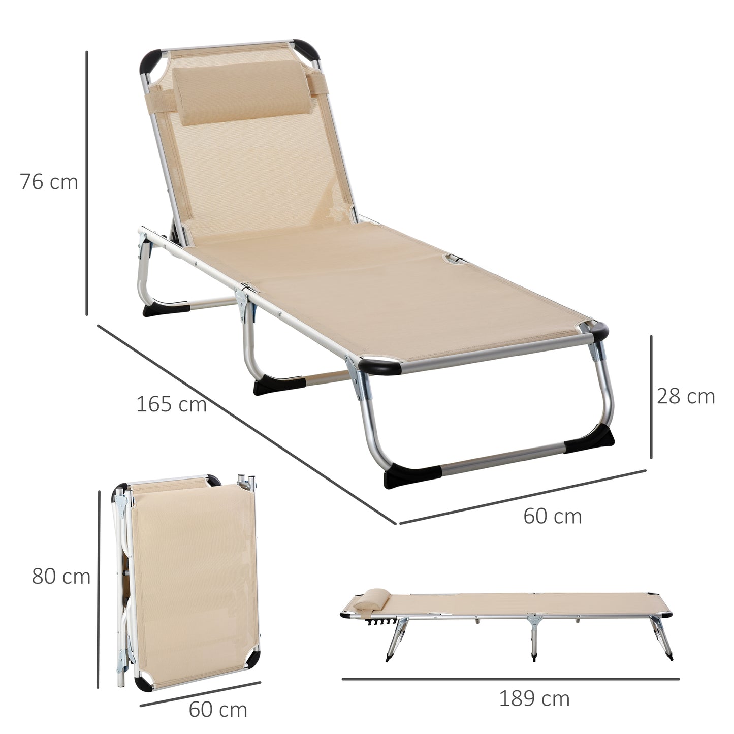 Outsunny Sammenklappelig liggestol, Have liggestol med hovedstøtte, Ergonomisk afslapningsstol med 4-trins justerbar ryg, Aluminium, Bæreevne op til 120 kg, til have, terrasse, pool, strand, Beige
