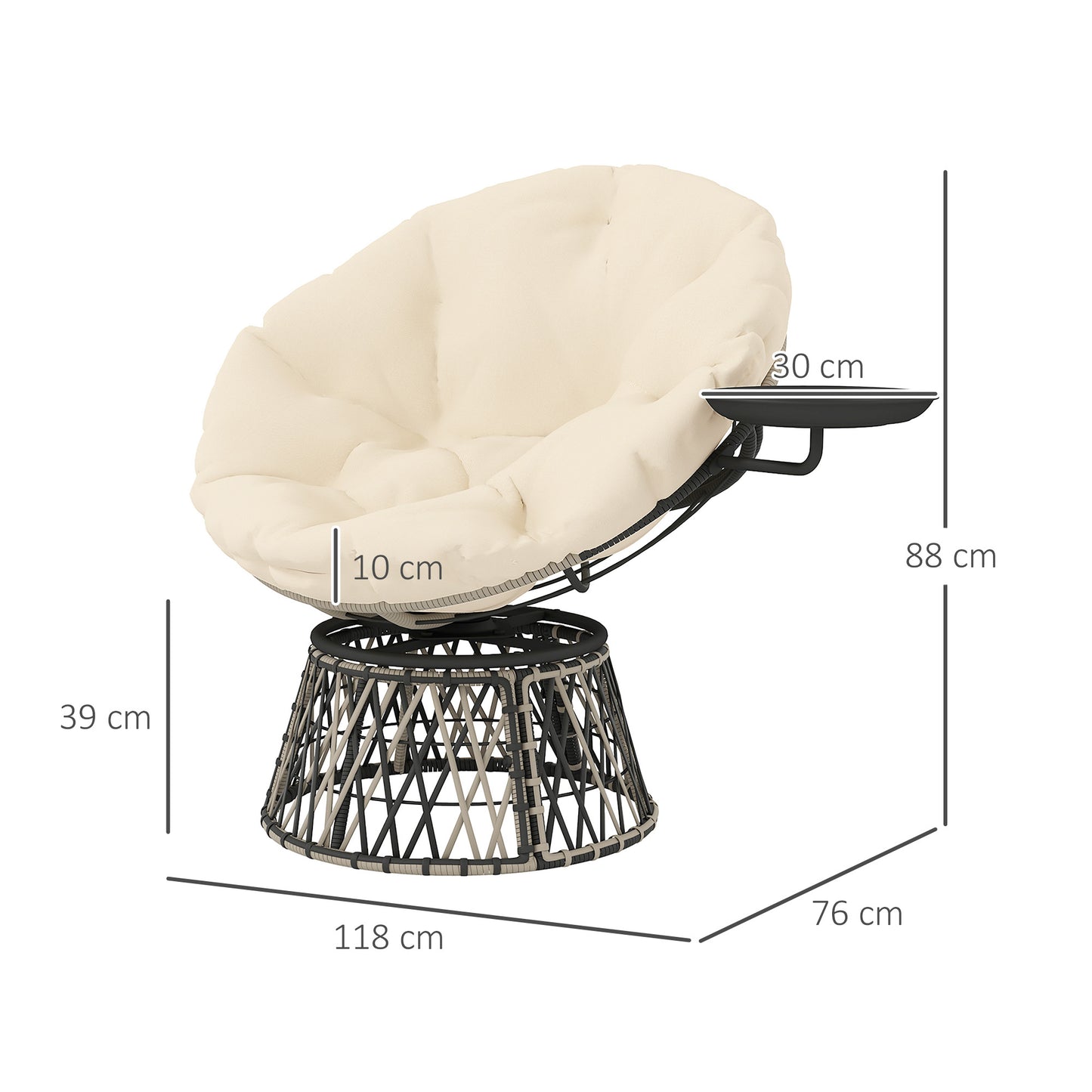 Outsunny Papasan lænestol, rotan, 360° drejelig, rattan stol med pude, diameter 90 cm, rund, beige