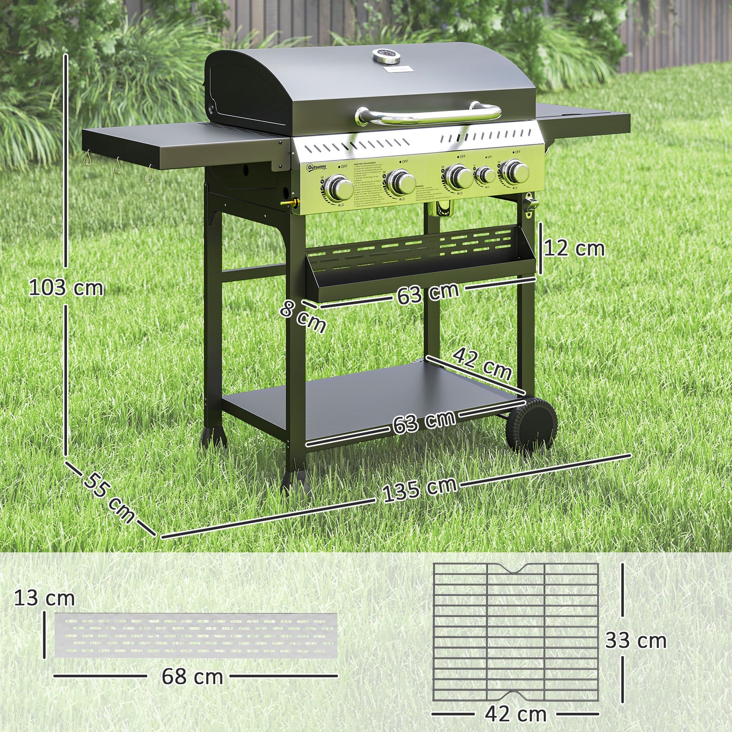 Outsunny Gasgrill, BBQ-grill, 4 hovedbrændere, 1 sidebrænder, 1 varmeplade; 135 x 55 x 103 cm, sort