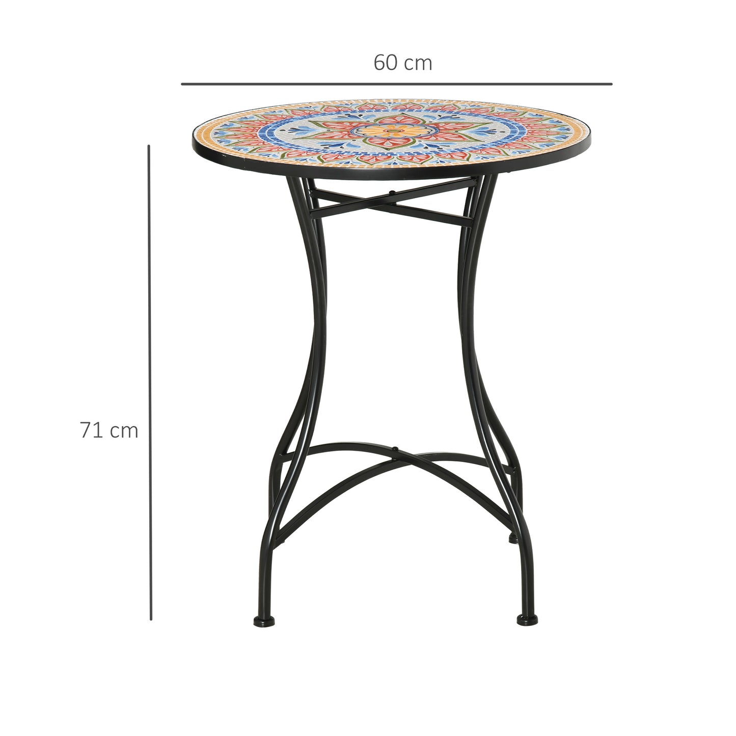 Outsunny havetabel Ø60 cm, vejrbestandig metal balkonbord, spisebord til udendørs brug, campingbord, sidebord, rund terrassebord til have, terrasse, balkon, rød+blå+hvid