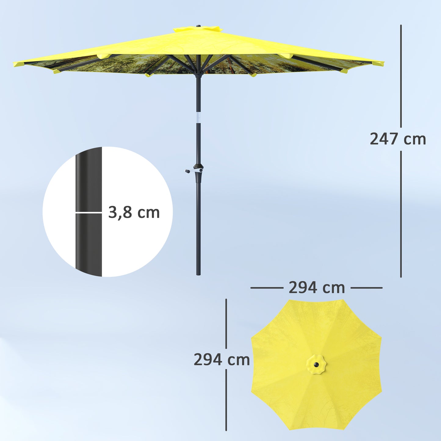 Outsunny Parasol Ø300 cm, Parasol med Håndsving, Achtekantet Balkonparasol Gul