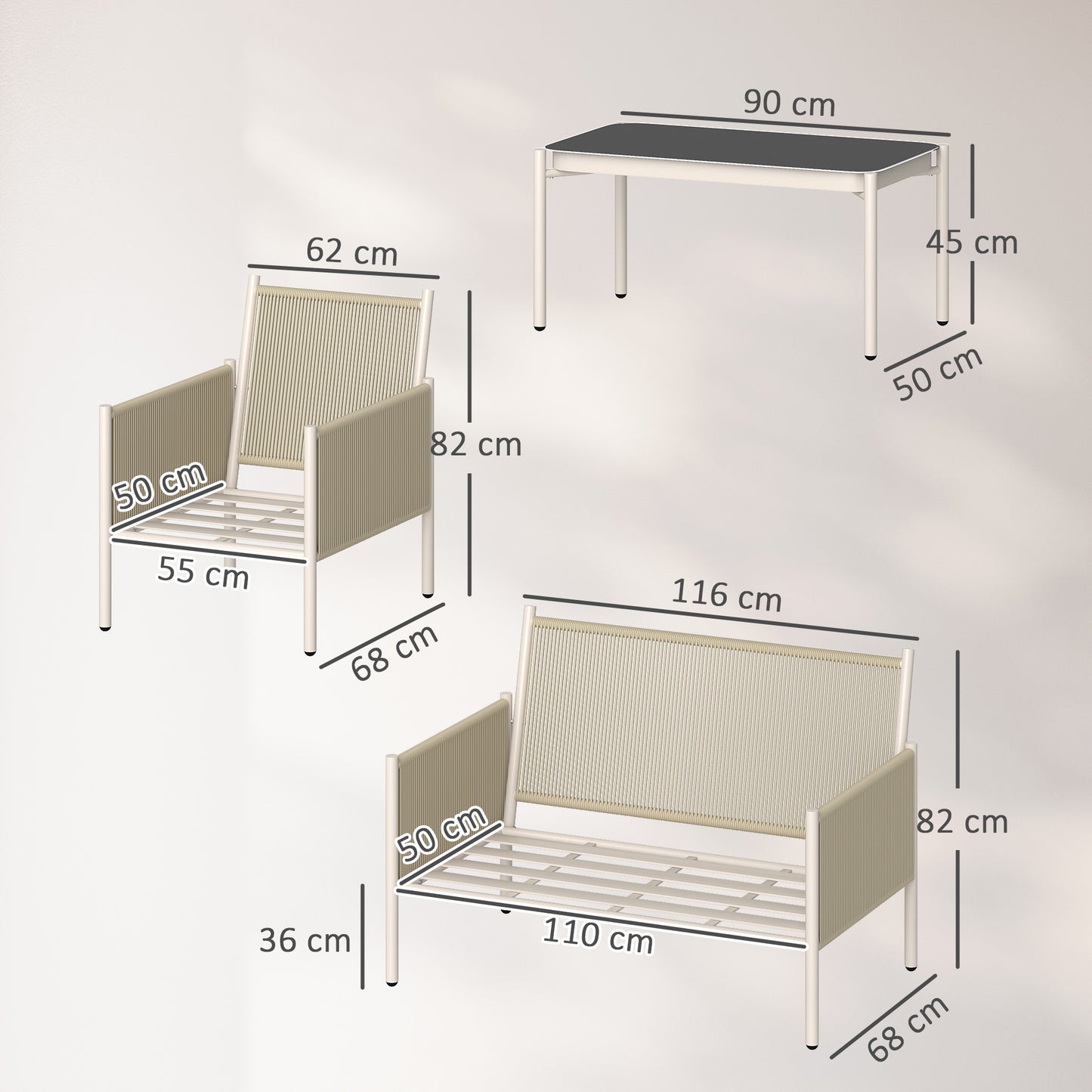 Outsunny havemøbel sæt af polyrotan loungesæt med 2-personers sofa, lænestol, glasbord, puder, 4 personer, brun+grå