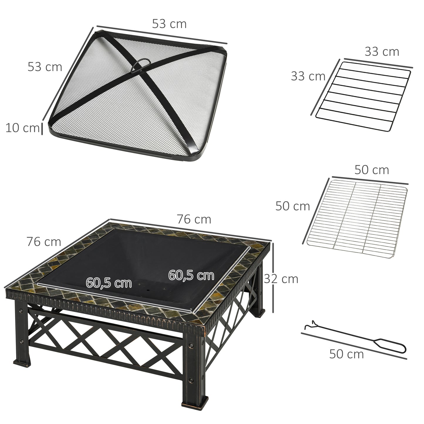 Outsunny 3-i-1 bålplads, ildkurv med gnistskærm, grillrist, isspand, havegrill, sort, 76 cm x 76 cm x 47 cm