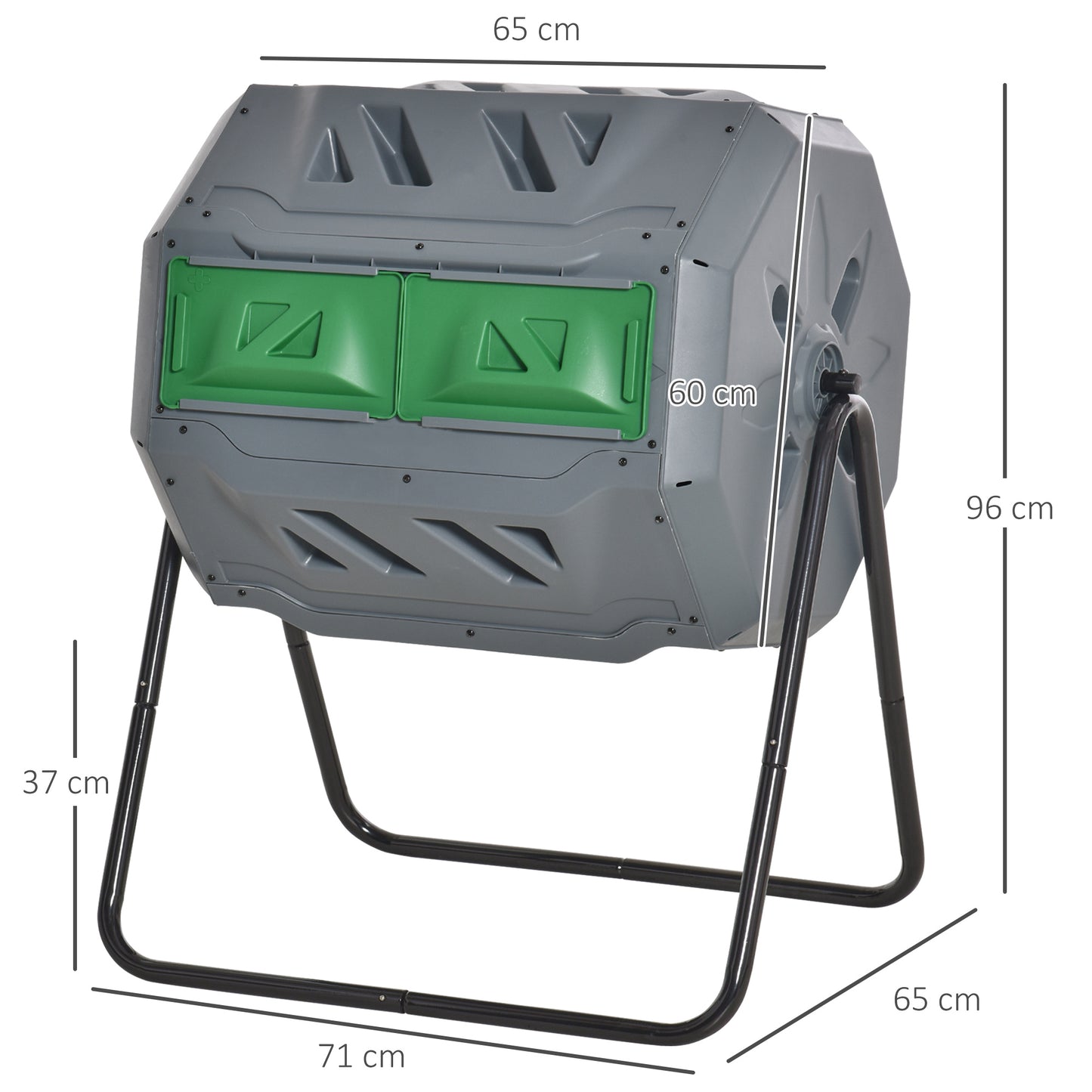 Outsunny kompostbeholder med 2 rum, kapacitet 160 liter, roterbar, 71 cm x 65 cm x 96 cm, grå + grøn + sort