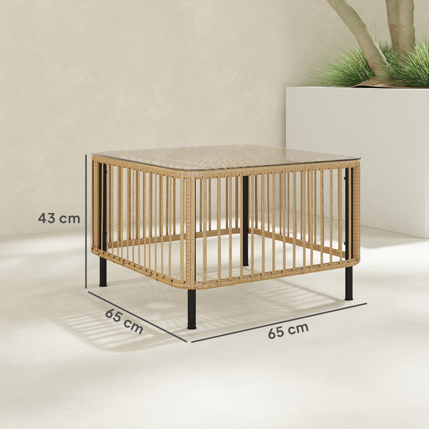 Sidebord i polyrattan med glasplade 65 x 65 cm