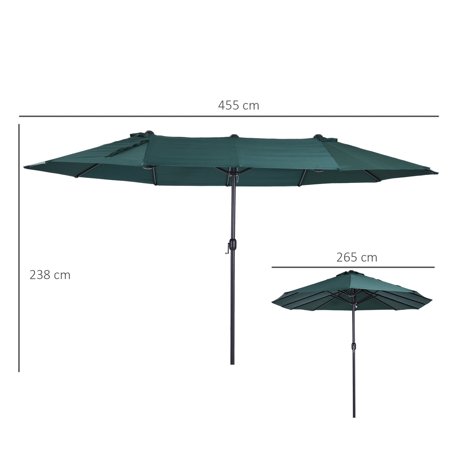 Outsunny Parasol Haveparasol Markedsparasol Dobbelt parasol Patio parasol med håndsving Mørkegrøn Oval 460 x 270 x 240 cm