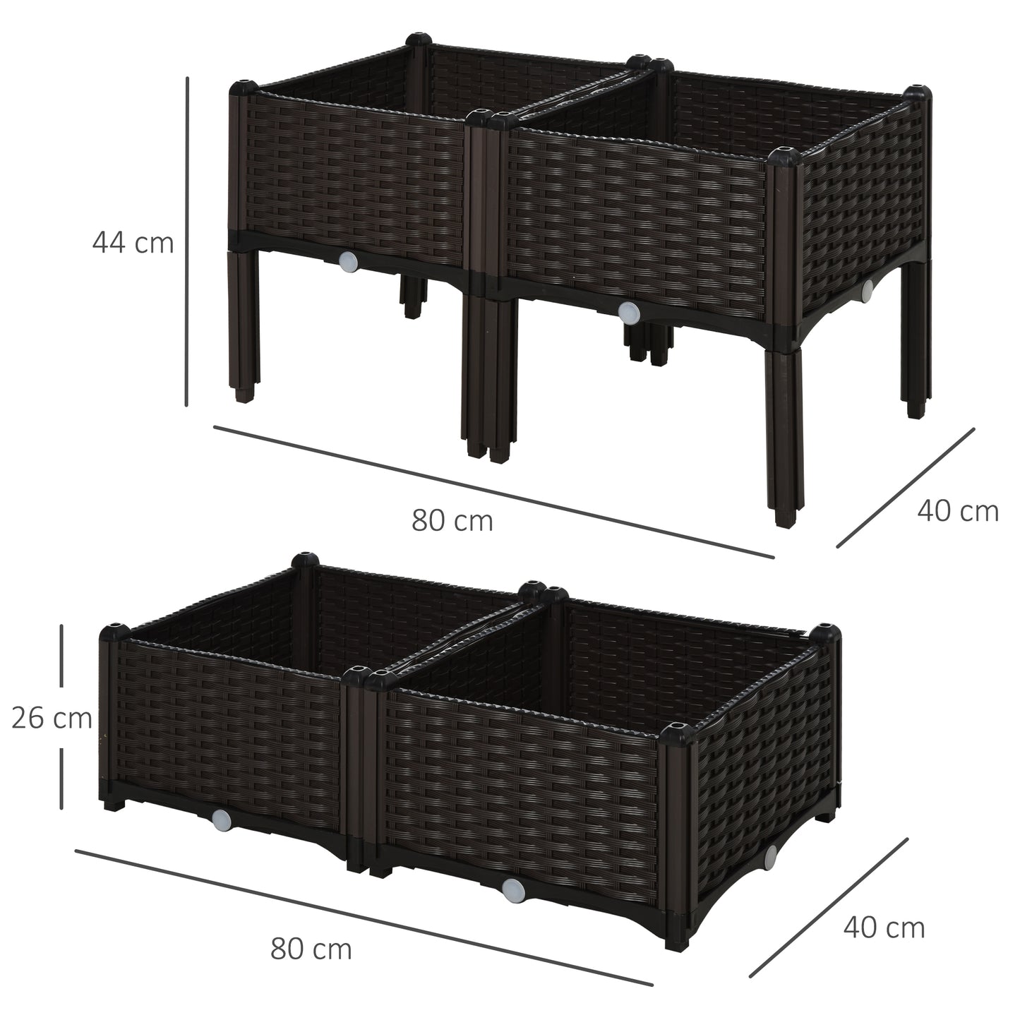 Outsunny forhøjet havebed, blomsterkasse med drænhuller, blomsterkasse med rattanlook, plastik, brun, 40 x 40 x 44 cm