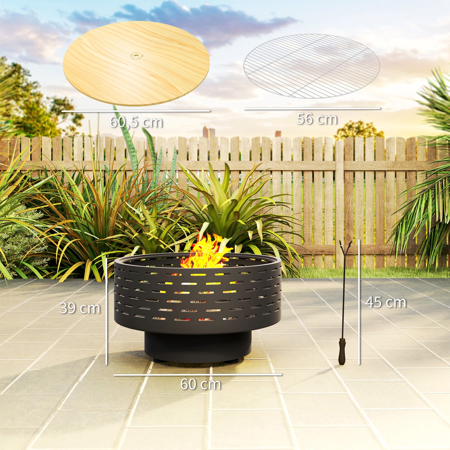 Outsunny 3-i-1 Ildskål Ø60 x 39 cm RVS Ildkurv med Grillrist, Funkbeskyttelse, Stang, Kulgrå