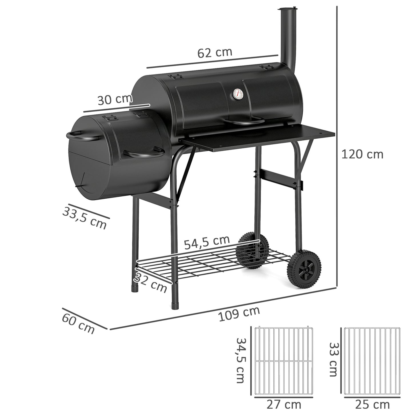 Outsunny Stål Kulgrill BBQ Ryger med Låg, Termometer, Hjul, Luftindtag, Kulskuffe