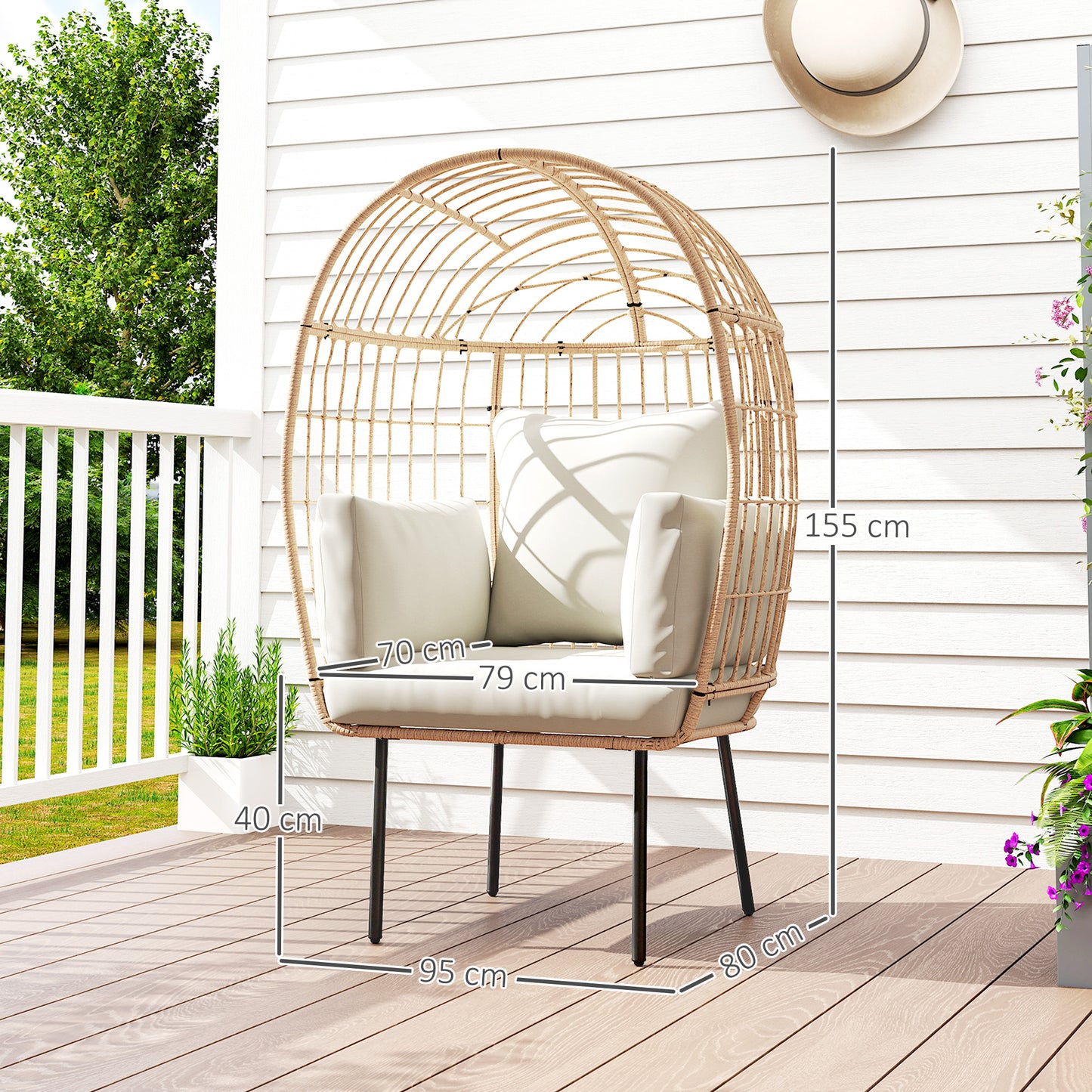 Outsunny Ægformet rotan lænestol med aftageligt pude, rotan stol til udendørs brug 95 x 80 x 155 cm Beige