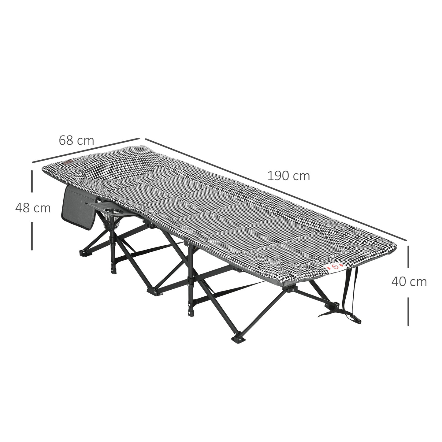 Outsunny sammenfoldelig liggestol med 1 sidelomme og 1 kopholder, 68 cm x 186 cm x 48 cm, sort-hvid