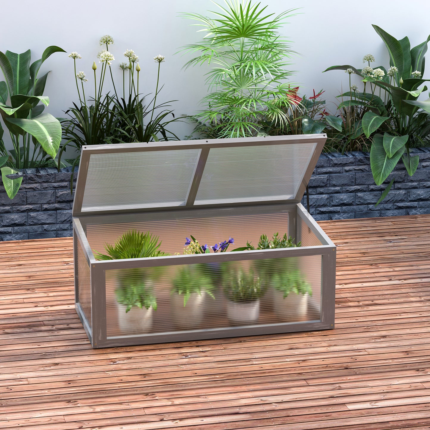Outsunny Koldramme, drivhus af træ og polycarbonat, 90 x 46 x 40 cm, vejrbestandigt drivhus med låg, koldbakke til haveplanter, grå