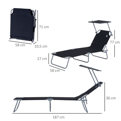 Outsunny Sammenklappelig liggestol, Have-liggestol med solskærm, Liggestol med 4-trins justerbar ryg, Camping-liggestol, Belastbar op til 120 kg, Egnet til have, balkon og pool, 6 farver (sort)