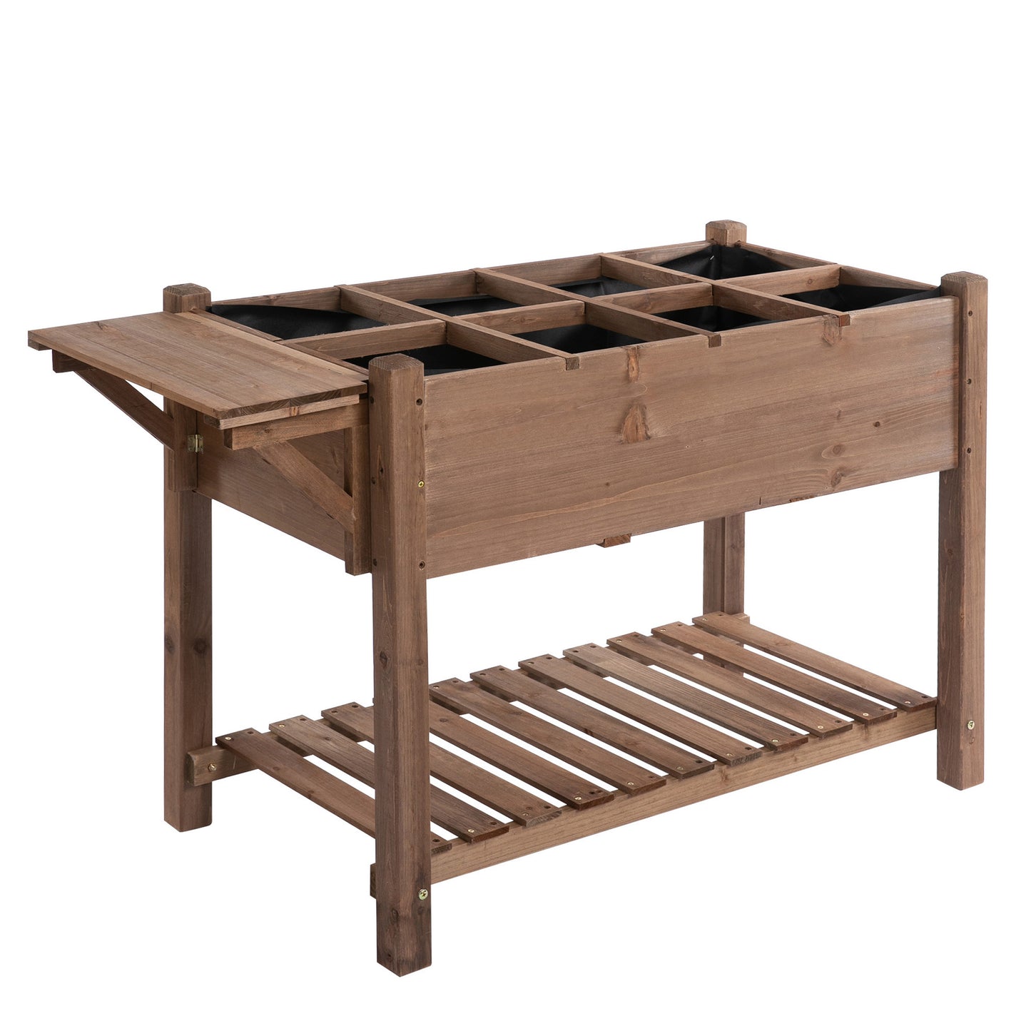 Outsunny hævet plantekasse med 8 delte gitter, foldbar hylde, blomsterkasse, blomsterpotte, krydderhave, massivt træ, brun, 123 x 54 x 80 cm