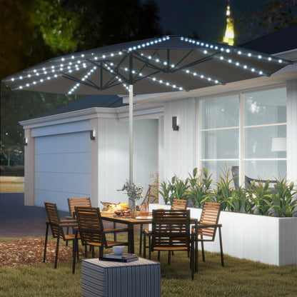 Outsunny Dobbelt Parasoll med Solarbelysning, Aluminium, Polyester, UPF50+ Beskyttelse, UV-bestandig, Patio Parasoll, Mørkegrå