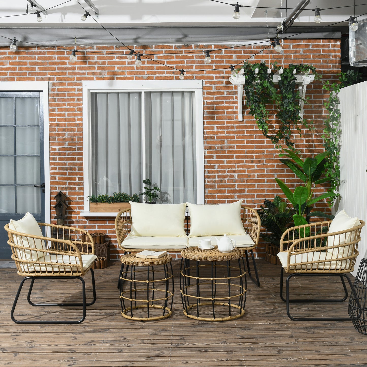 Outsunny Rattan Loungeset, Havenset, Boho-Stil, 5-delt Sæt, 145 x 70 x 78 cm, Creme + Natur + Sort