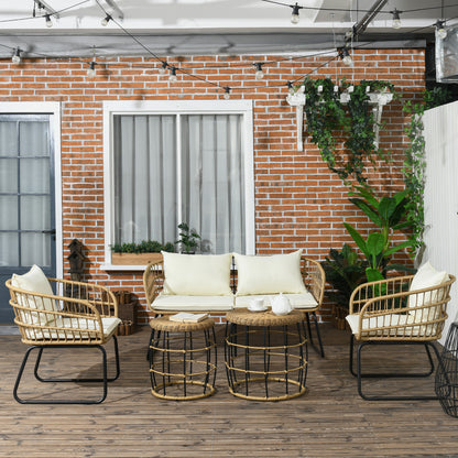 Outsunny Rattan Loungeset, Havenset, Boho-Stil, 5-delt Sæt, 145 x 70 x 78 cm, Creme + Natur + Sort