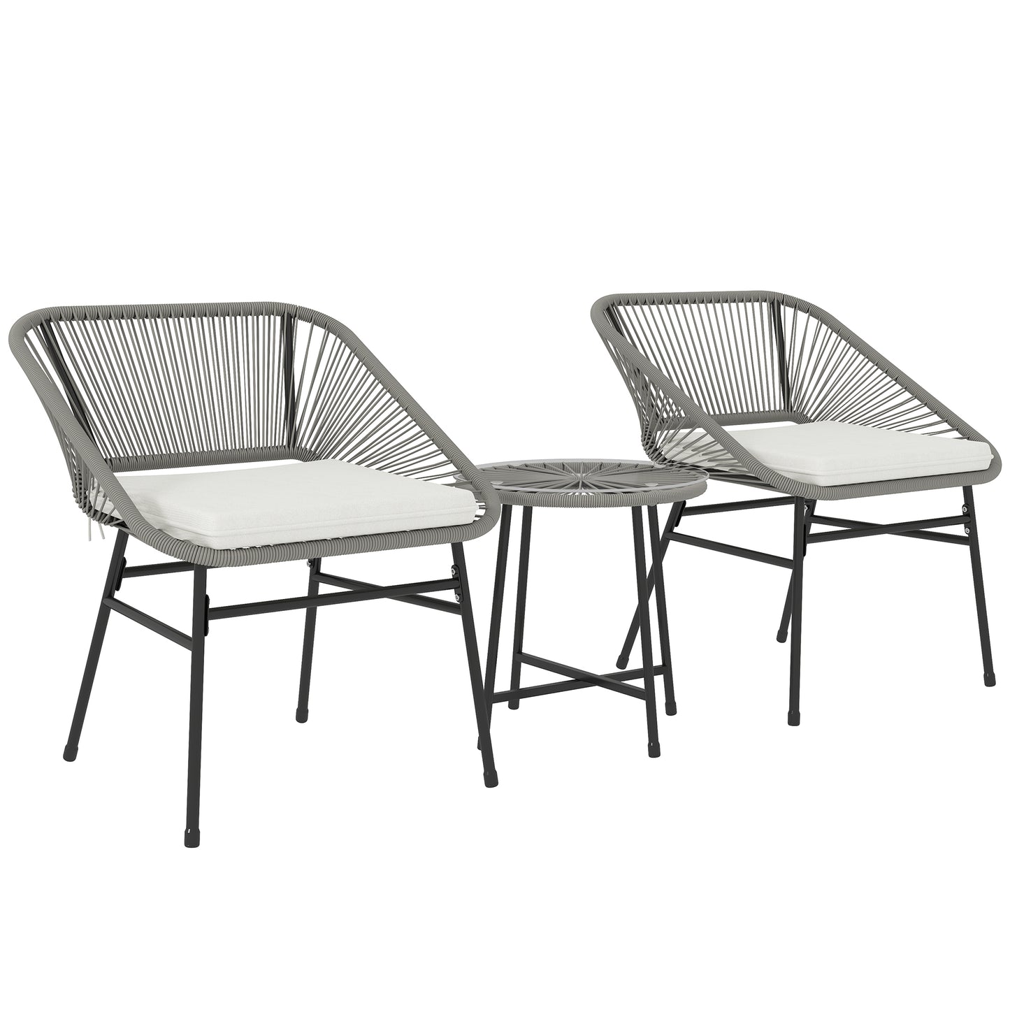 Outsunny 3-delt sæt havemøbler, 1 bord, 2 stole, rattan fletværk, stålramme, sofabord med glasplade, mørkegrå