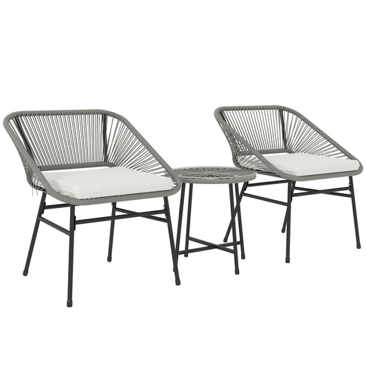 Outsunny 3-delt sæt havemøbler, 1 bord, 2 stole, rattan fletværk, stålramme, sofabord med glasplade, mørkegrå