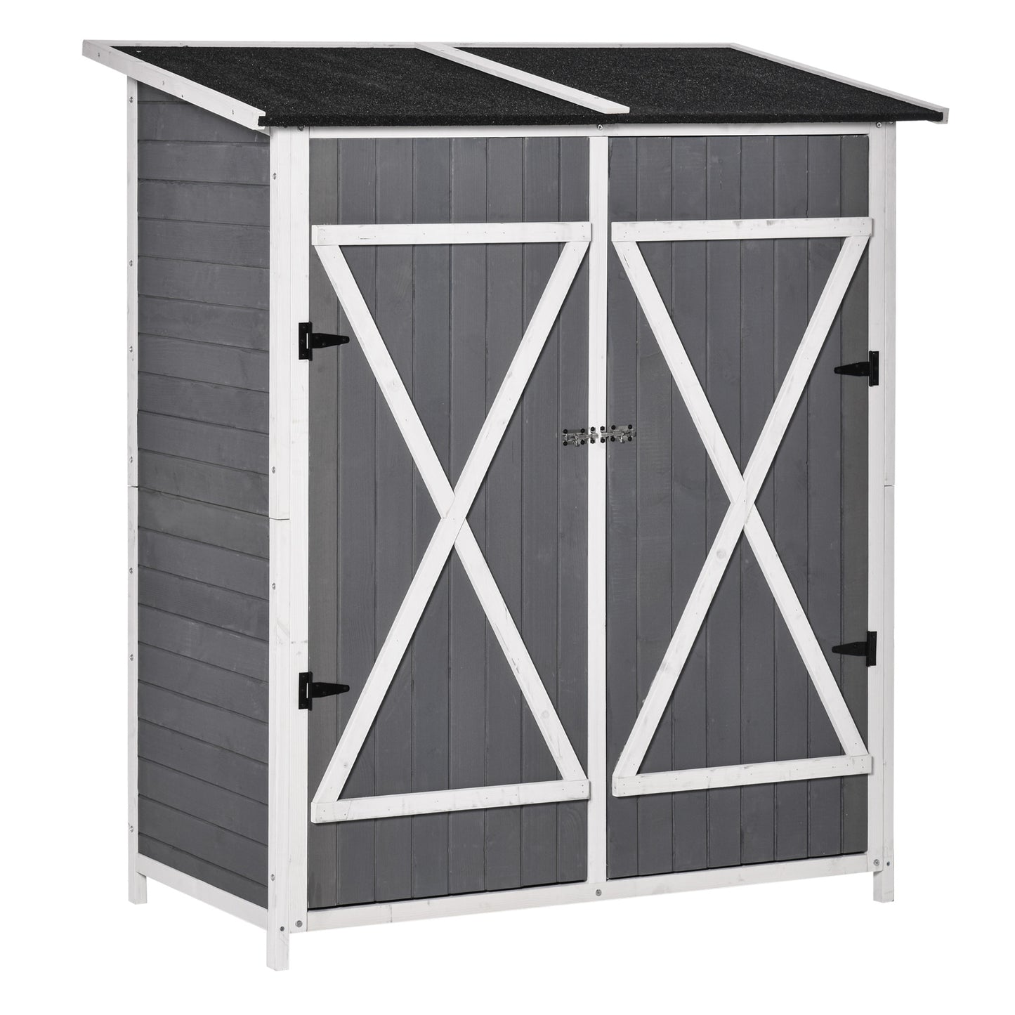 Outsunny Havestue/Værktøjsskur med 2 døre, værktøjsskabe med asfalt tag, anti-dump design med jordspyd, fyrretræ, grå+hvid, 139 x 75 x 160 cm
