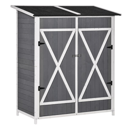 Outsunny Havestue/Værktøjsskur med 2 døre, værktøjsskabe med asfalt tag, anti-dump design med jordspyd, fyrretræ, grå+hvid, 139 x 75 x 160 cm