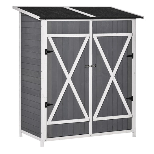 Outsunny Havestue/Værktøjsskur med 2 døre, værktøjsskabe med asfalt tag, anti-dump design med jordspyd, fyrretræ, grå+hvid, 139 x 75 x 160 cm