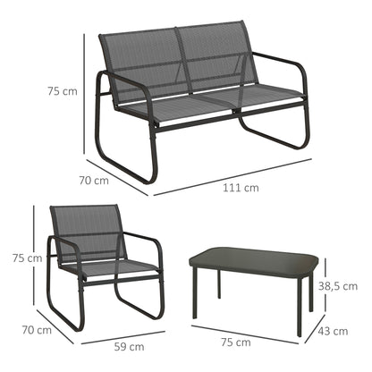 Outsunny 4-delt havemøbel sæt, 2 lænestole, 2-personers sofa, bord med glasplade, åndbart stof, metalramme, sort