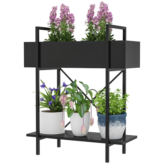 Outsunny Plant Stand, Flower Pot Stand with 2 Tiers, Drainage Holes, for Indoor and Outdoor Use, Metal, Black