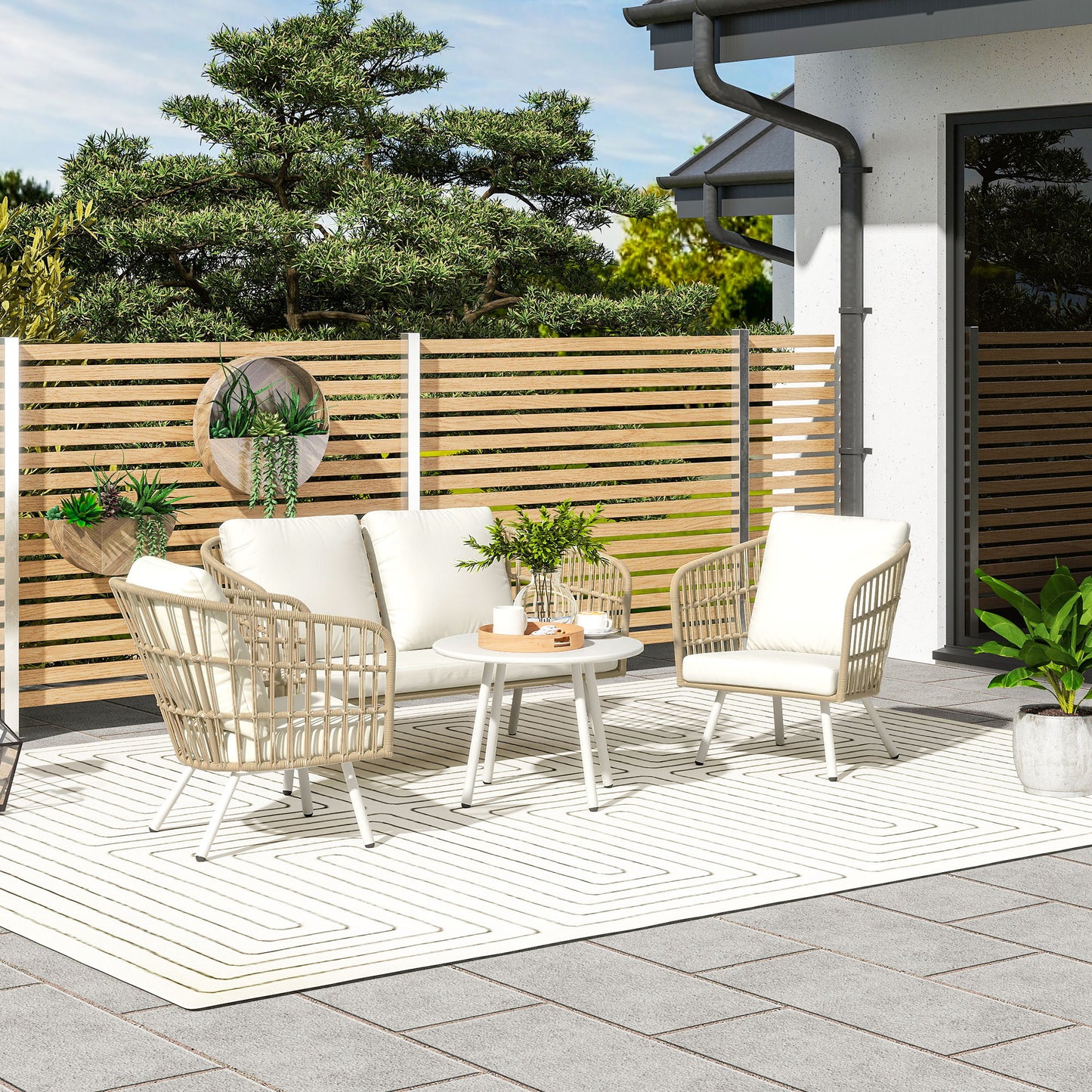 Outsunny havemøbel sæt af poly rattan loungesæt med 2-personers sofa, lænestol, bord, puder, vejrbestandig til 4 personer, khaki