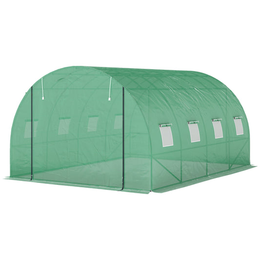 Outsunny Polytunnel greenhouse with plastic cover and steel frame, walk-in greenhouse tent with roller doors, green