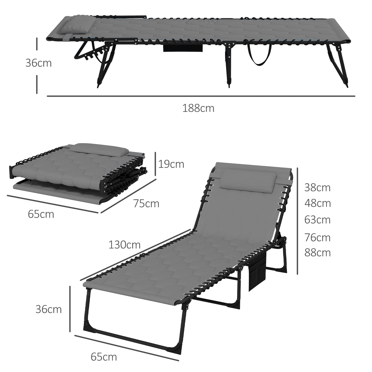 Outsunny Liggestol, Haveliggestol, Sammenklappelig, inkl. Pude, Vejrbestandig; 188 cm x 65 cm x 36 cm, Grå + Sort
