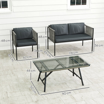 Outsunny 4-delt havemøbel sæt, 1 bænk, 2 lænestole, 1 bord med glasplade, puder, stålramme, plast rattan, grå