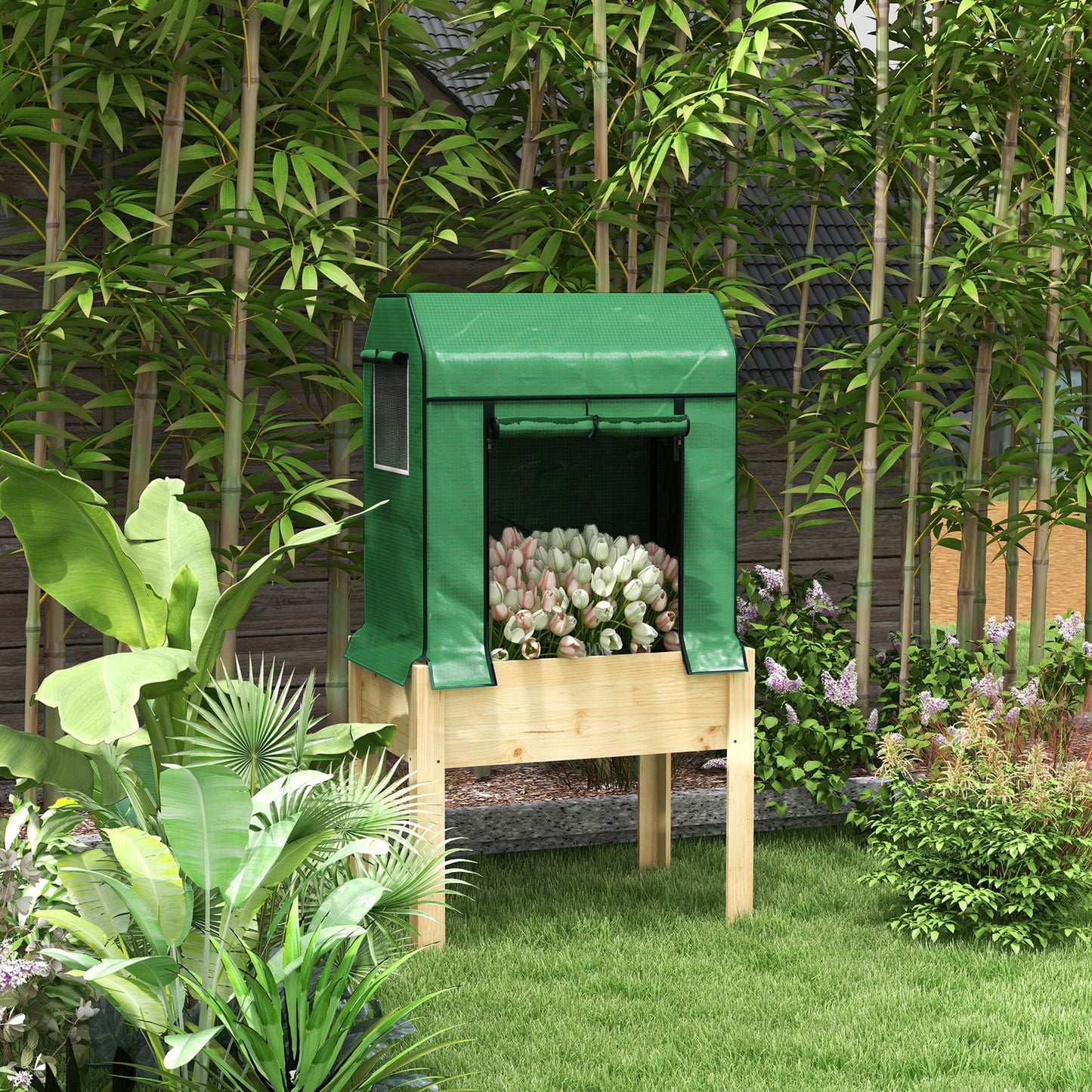 Outsunny 2-i-1 Hævet Plantekasse, Koldhus, 86 cm x 60 cm x 165 cm, Naturlig + Grøn