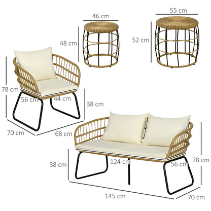 Outsunny Rattan Loungeset, Havenset, Boho-Stil, 5-delt Sæt, 145 x 70 x 78 cm, Creme + Natur + Sort