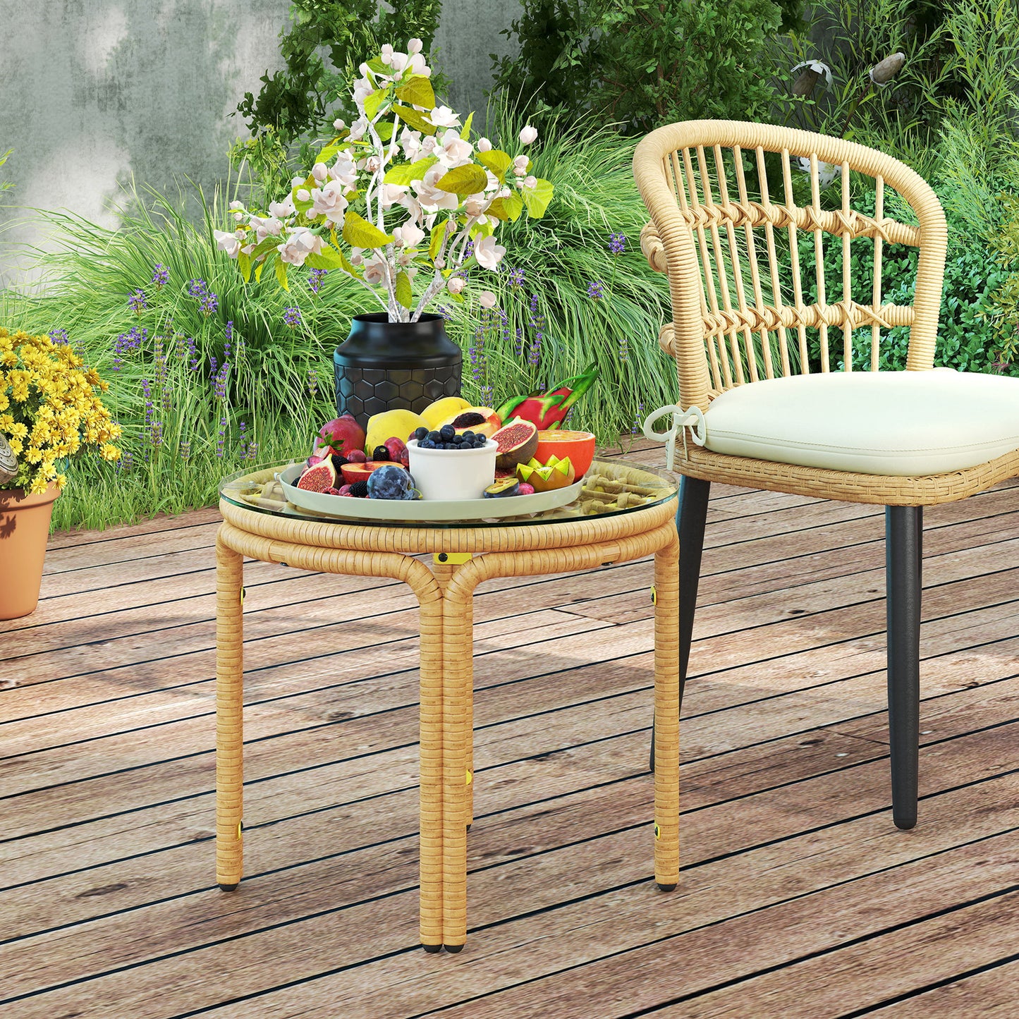 Sidebord i polyrattan med glasplade Ø50 cm