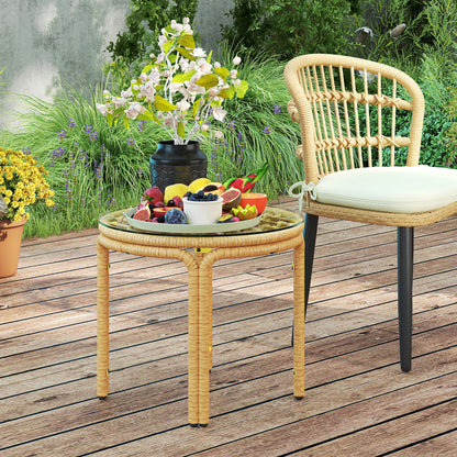 Sidebord i polyrattan med glasplade Ø50 cm