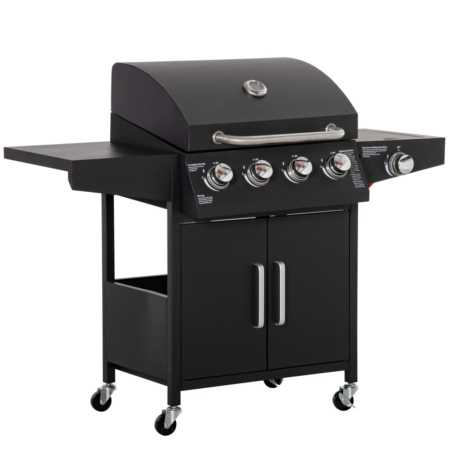 Outsunny gasgrill med 3 brændere, 3 kW hver, mobil grillvogn med 4 hjul, grillrist, sideborde, trykregulator, slanger, skab, multifunktionel, metal, sort, 132,4 cm x 55 cm x 109 cm